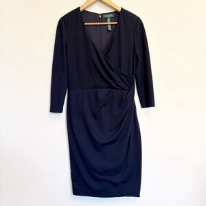 Lauren Ralph Lauren Navy Blue Wrap Dress Size 10 | Classic 3/4 Sleeve Midi
